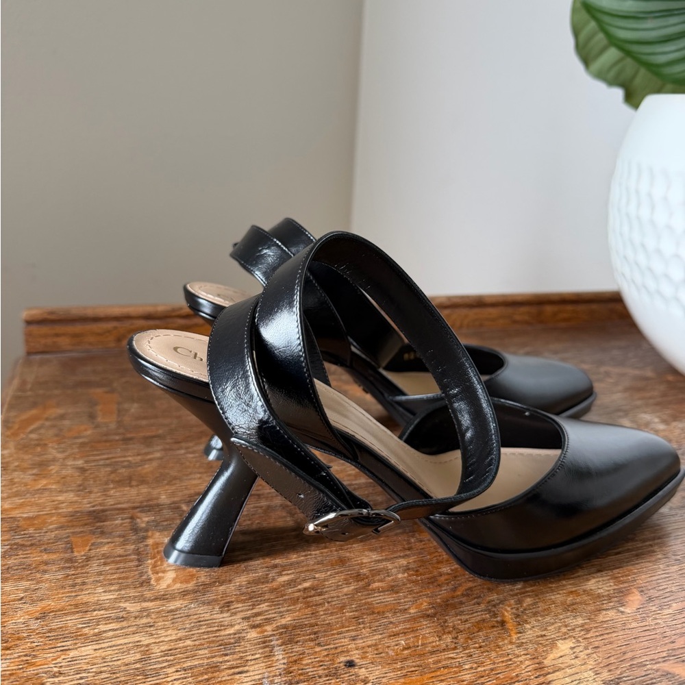 Black Patent Slingback Heels with Sculptural Heel